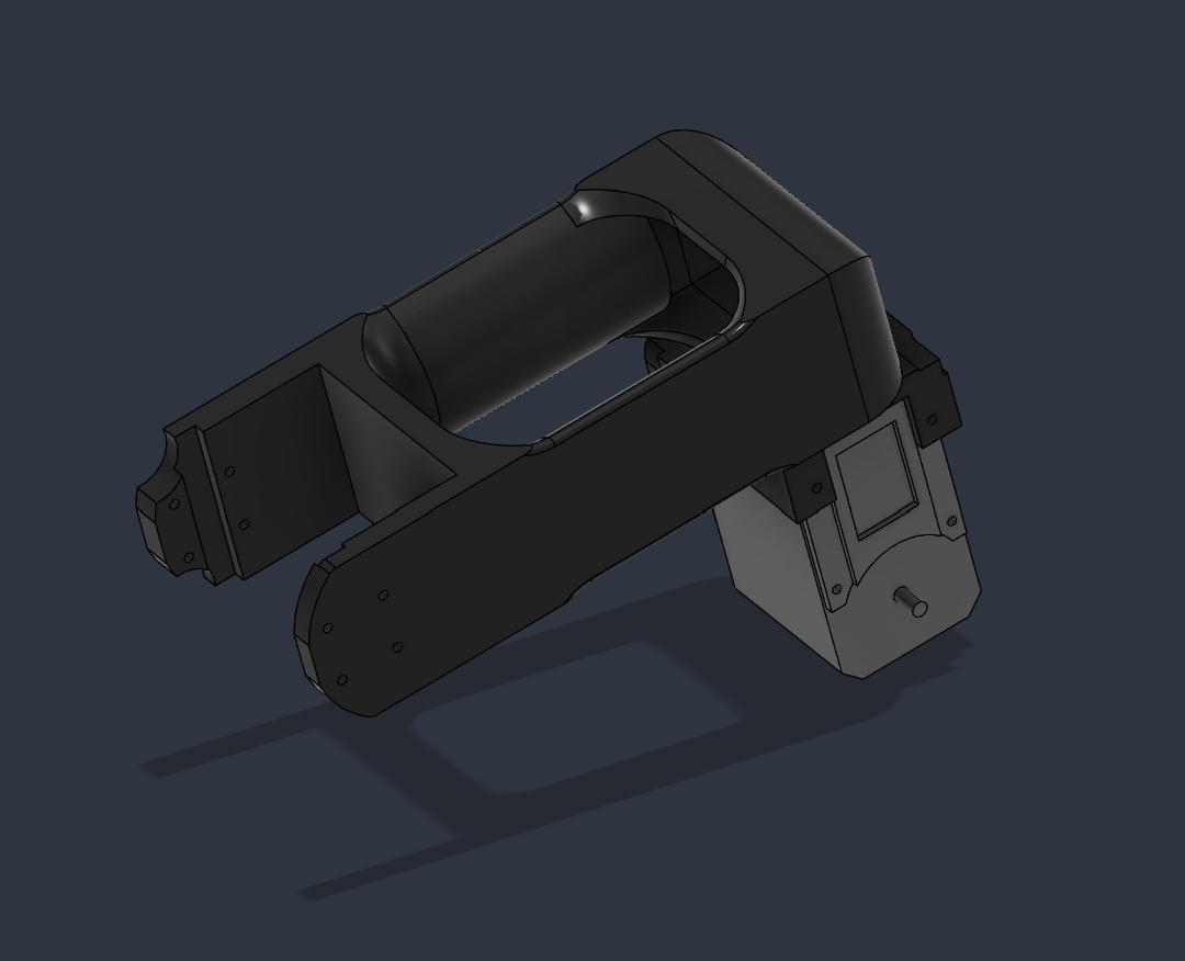 Close-up CAD render of a single joint, showing the custom bracket around the servo